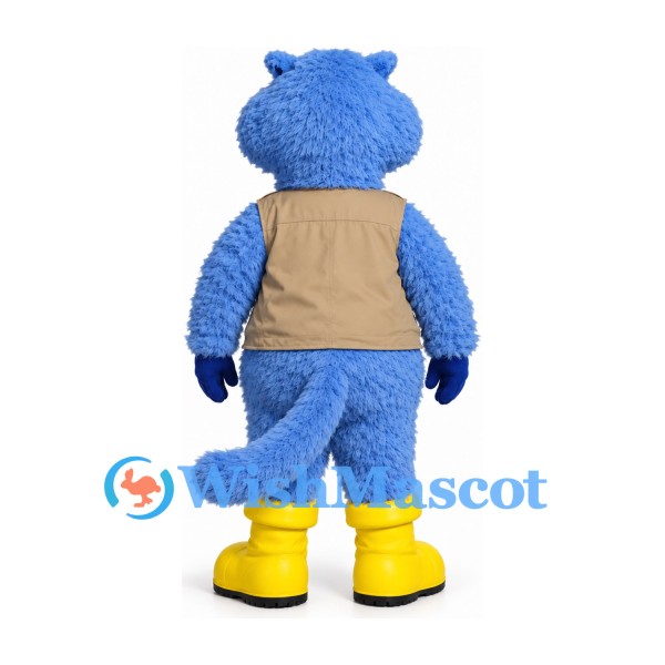 Cat Mascot Costume in Blue with Tan Vest and Yellow Boots