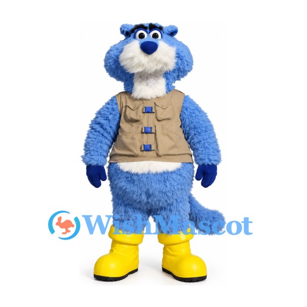 Cat Mascot Costume in Blue with Tan Vest and Yellow Boots