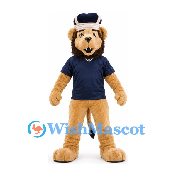 Lion Mascot Costume in Tan with Navy Polo Shirt and Silver Crown