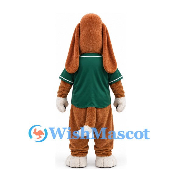 Basset Hound Mascot Costume in Brown and White with Green Shirt