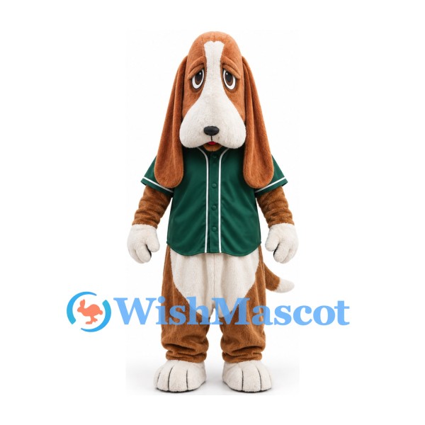 Basset Hound Mascot Costume in Brown and White with Green Shirt