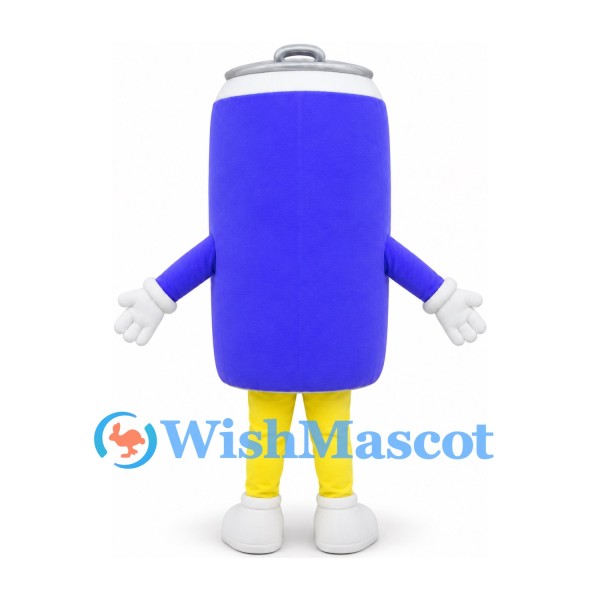 Drink Can Mascot Costume in Blue with Silver Top and Yellow Legs