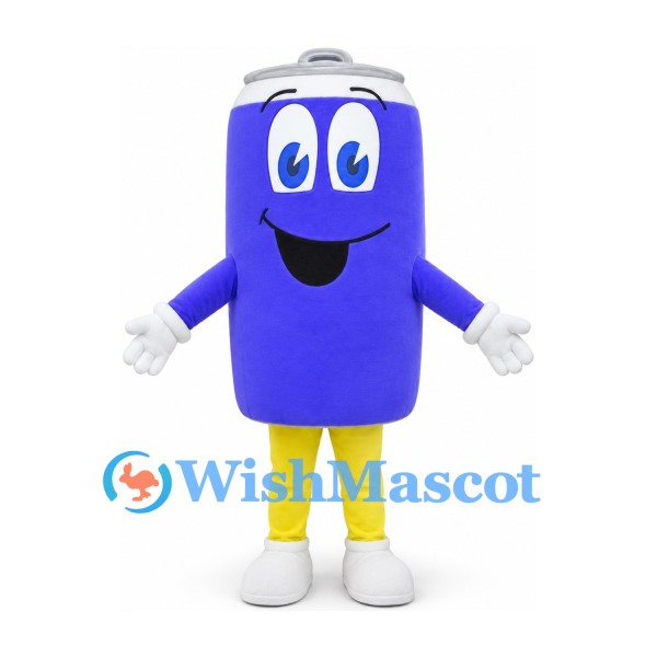 Drink Can Mascot Costume in Blue with Silver Top and Yellow Legs