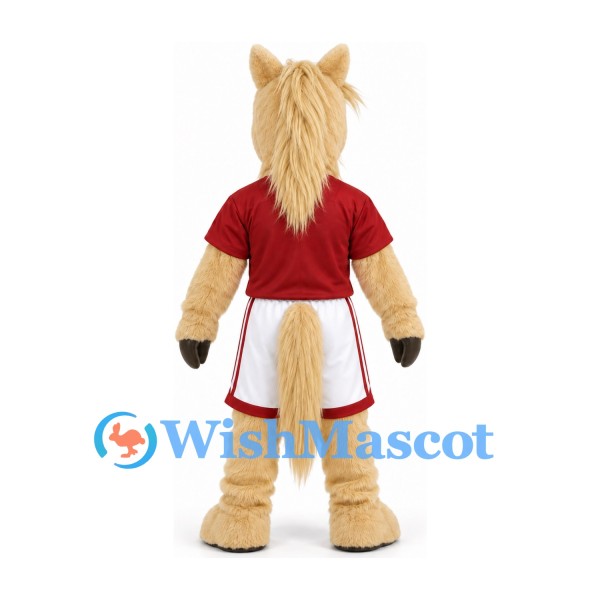 Horse Mascot Costume in Cream with Red Shirt and White Sports Shorts