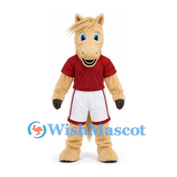 Horse Mascot Costume in Cream with Red Shirt and White Sports Shorts