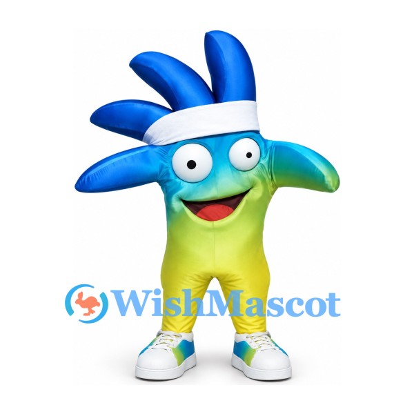 Hand Character Mascot Costume in Blue and Lime with White Headband