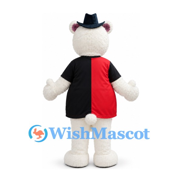 Polar Bear Mascot Costume with Black Hat and Red and Black Shirt
