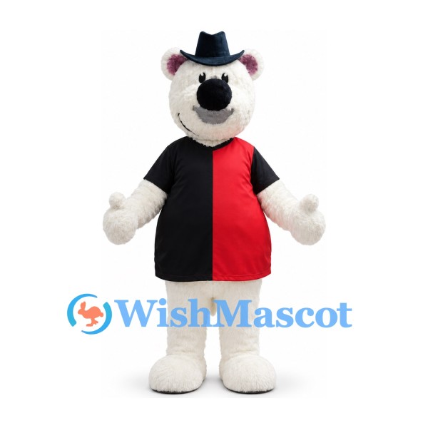 Polar Bear Mascot Costume with Black Hat and Red and Black Shirt