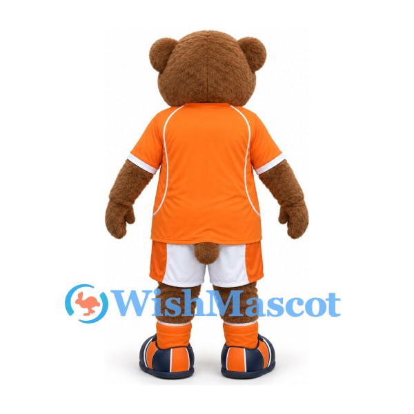 Bear Mascot Costume in Brown with Orange Sports Shirt and White Shorts
