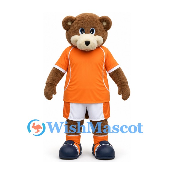 Bear Mascot Costume in Brown with Orange Sports Shirt and White Shorts