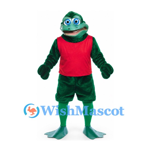 Frog Mascot Costume in Dark Green with Red Sleeveless Shirt