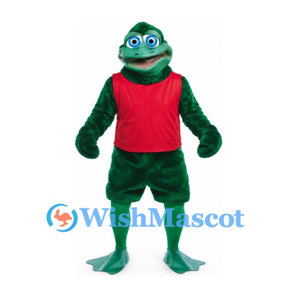 Frog Mascot Costume in Dark Green with Red Sports Jersey