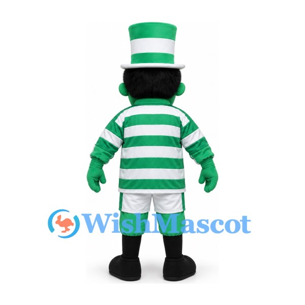 Leprechaun Mascot Costume in Green with Striped Top Hat and Sports Shirt