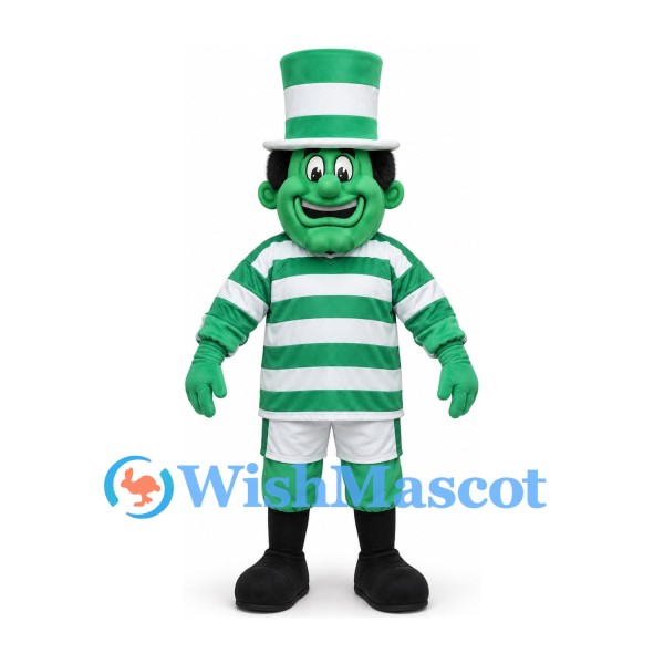 Leprechaun Mascot Costume in Green with Striped Top Hat and Sports Shirt