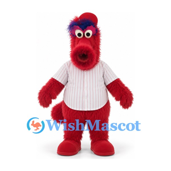 Monster Mascot Costume in Red with White Pinstriped Baseball Shirt