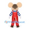 Mouse Mascot Costume with Large Beige Ears Red Overalls and Striped Shirt