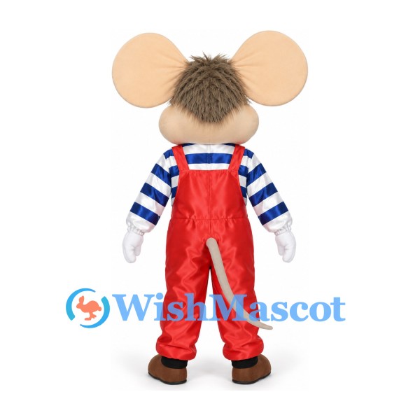 Mouse Mascot Costume with Large Beige Ears Red Overalls and Striped Shirt