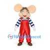 Mouse Mascot Costume with Large Beige Ears Red Overalls and Striped Shirt