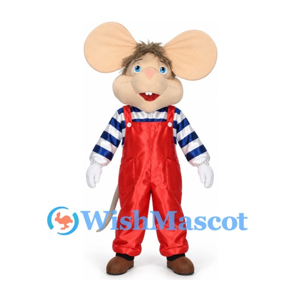 Mouse Mascot Costume with Large Beige Ears Red Overalls and Striped Shirt