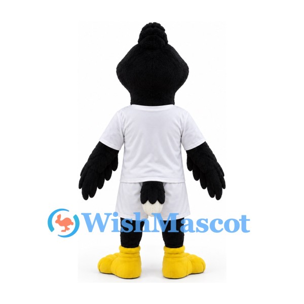 Bird Mascot Costume in Black with White Sports Uniform and Yellow Beak