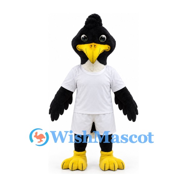 Bird Mascot Costume in Black with White Sports Uniform and Yellow Beak