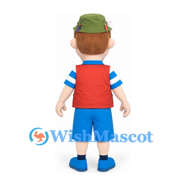 Boy Mascot Costume in Striped Shirt Red Vest and Blue Shorts