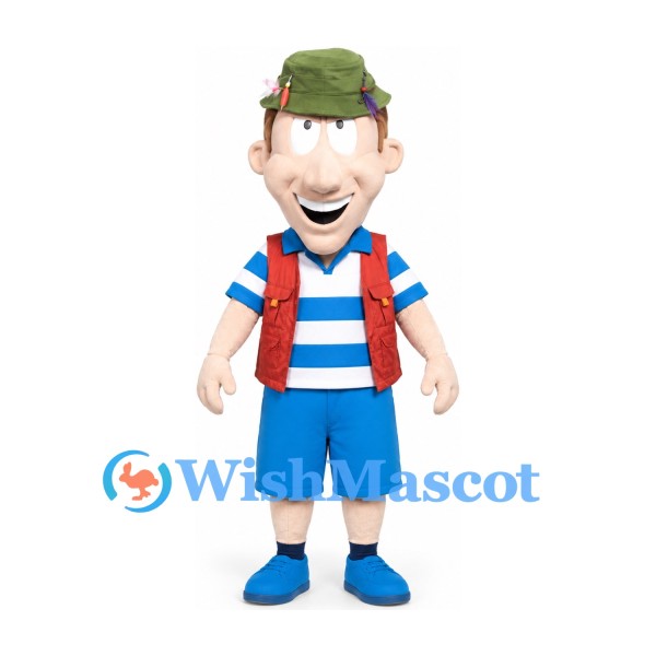Boy Mascot Costume in Striped Shirt Red Vest and Blue Shorts