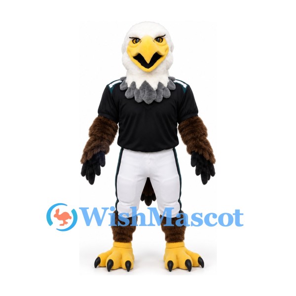 Eagle Mascot Costume in Brown and White with Black Football Jersey