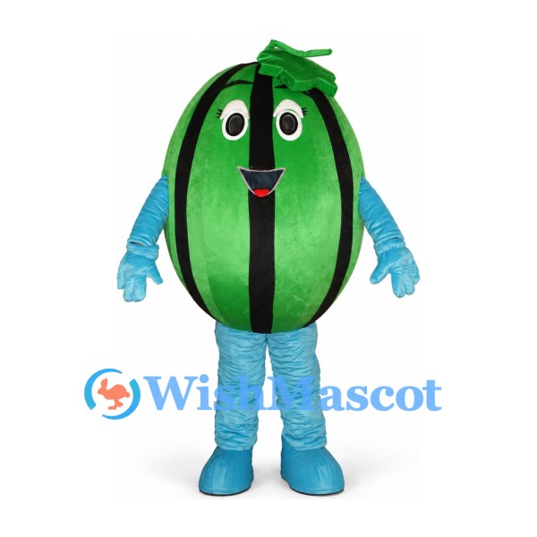 Watermelon Mascot Costume in Green with Black Stripes and Blue Legs