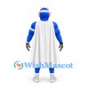 Superhero Mascot Costume in Blue and Black Sports Uniform with White Cape