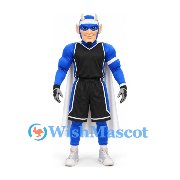 Superhero Mascot Costume in Blue and Black Sports Uniform with White Cape