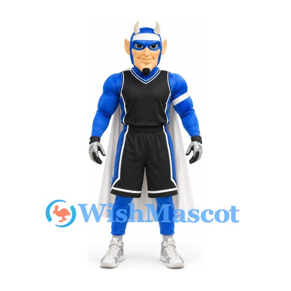 Superhero Mascot Costume in Blue with Black Jersey and White Cape