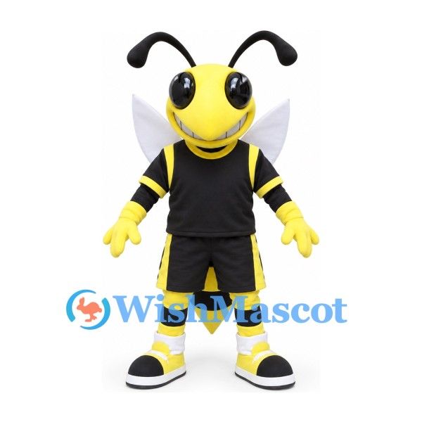 Bee Mascot Costume in Black Sports Uniform with White Wings