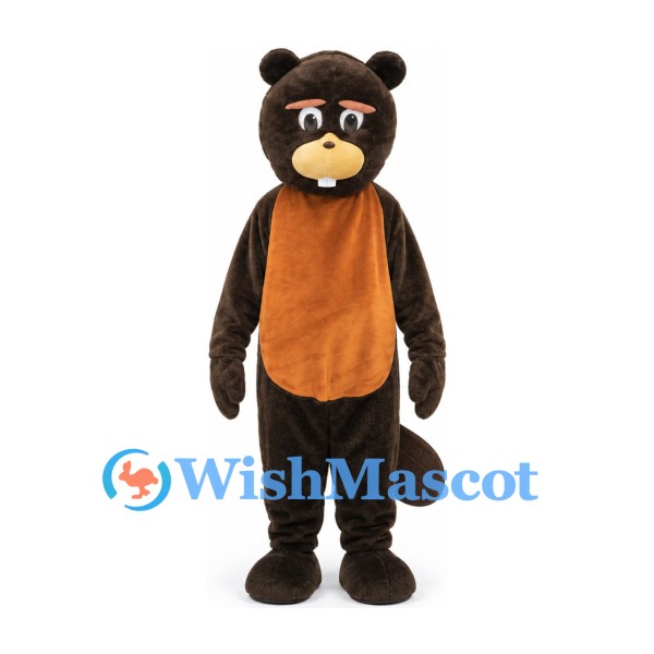 Bear Mascot Costume in Dark Brown with Orange Belly and Long Arms