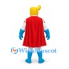 Superhero Mascot Costume with Blonde Hair Red Cape and Blue Boots