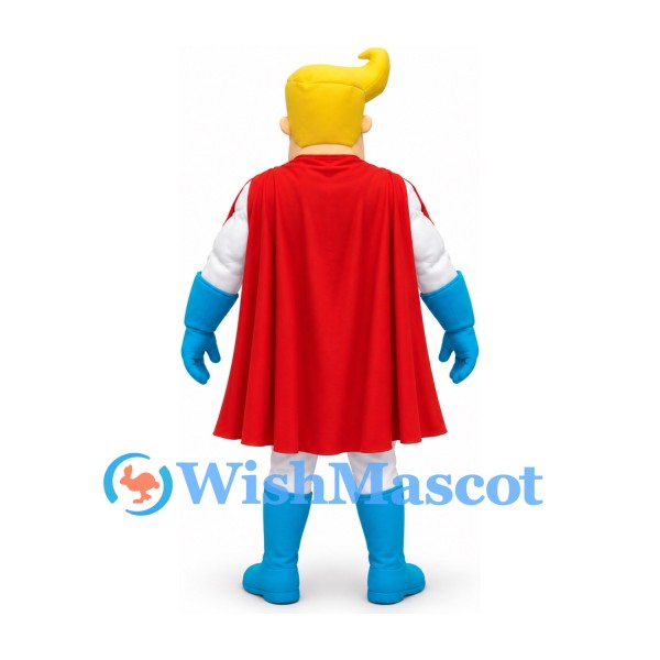 Superhero Mascot Costume with Blonde Hair Red Cape and Blue Boots