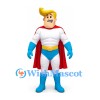 Superhero Mascot Costume with Blonde Hair Red Cape and Blue Boots