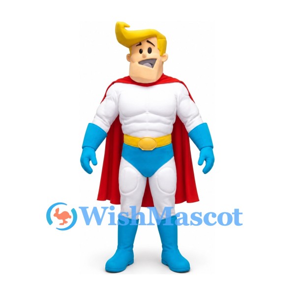 Superhero Mascot Costume with Blonde Hair Red Cape and Blue Boots