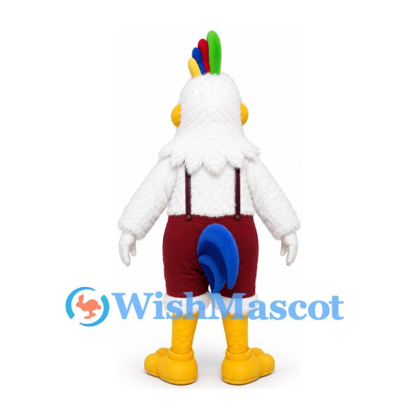Rooster Mascot Costume in White with Burgundy Shorts and Suspenders
