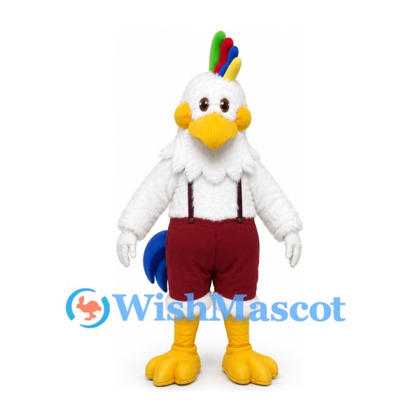 Rooster Mascot Costume in White with Burgundy Shorts and Suspenders