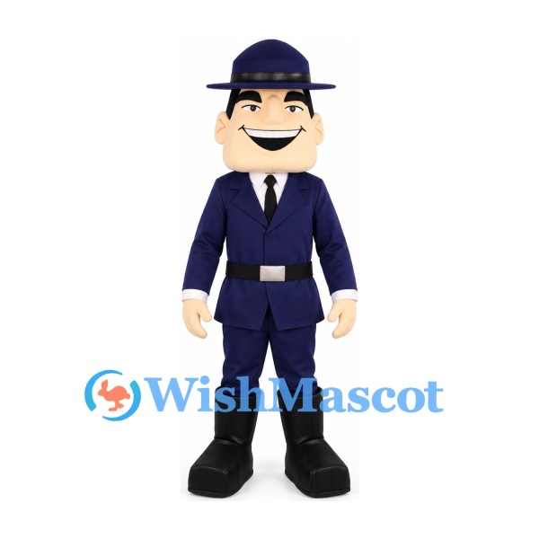 Police Officer Mascot Costume in Navy Uniform with Wide Brim Hat