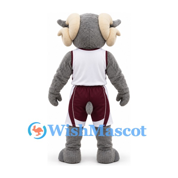 Ram Mascot Costume in Gray with White Sports Jersey and Burgundy Shorts