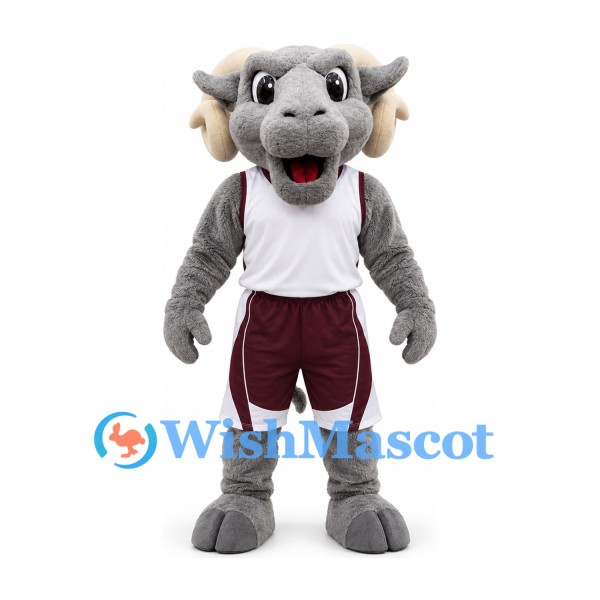 Ram Mascot Costume in Gray with White Sports Jersey and Burgundy Shorts