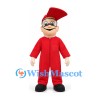 Man Mascot Costume in Red Jumpsuit with Glasses and Tall Red Cap