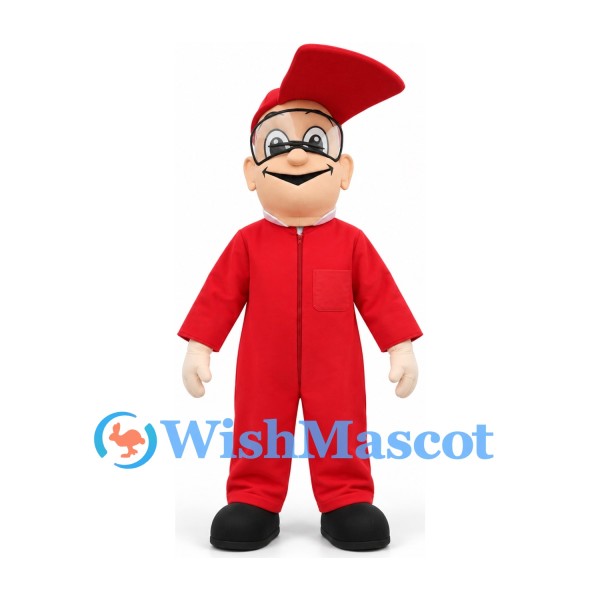 Man Mascot Costume in Red Jumpsuit with Glasses and Tall Red Cap