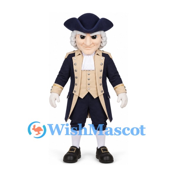 Patriot Mascot Costume in Navy and Cream with Gray Wig and Tricorn Hat