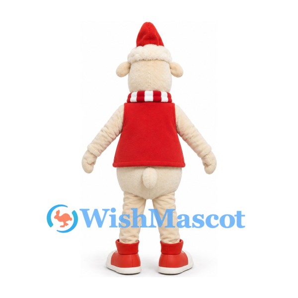 Sheep Mascot Costume in Cream with Red Vest Santa Hat and Striped Scarf