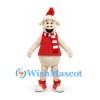 Sheep Mascot Costume in Cream with Red Vest Santa Hat and Striped Scarf