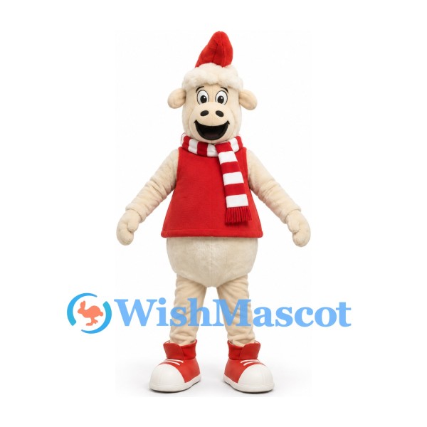 Sheep Mascot Costume in Cream with Red Vest Santa Hat and Striped Scarf
