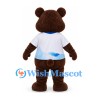 Bear Mascot Costume in Brown with White Shirt and Blue Wave Detail
